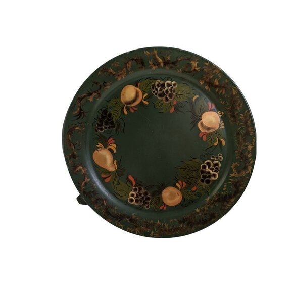 Large   handprinted tray  green floral Toll  metal round 18 3/4in pears grapes - Picture 3 of 7